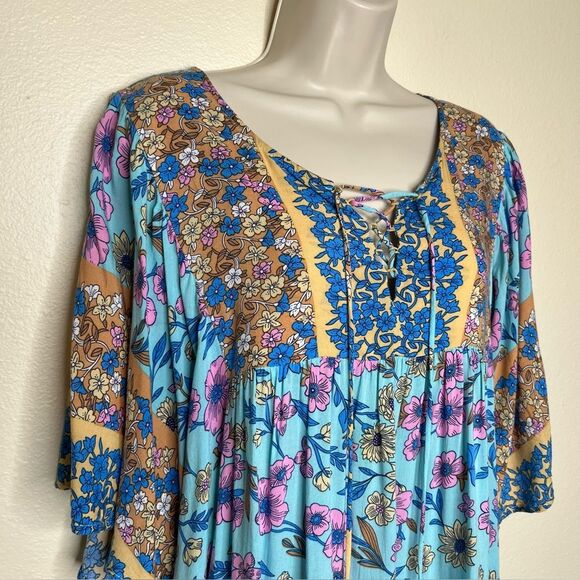 GiGiO Plus Boho Floral Lace Front Tie Flutter Sleeve Top Women 2XL Flowy Rayon - Picture 2 of 12